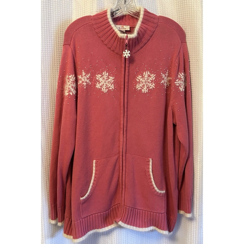 Quacker Factory 1X Sweater, Pink With White Snowflakes, Beads And Trim